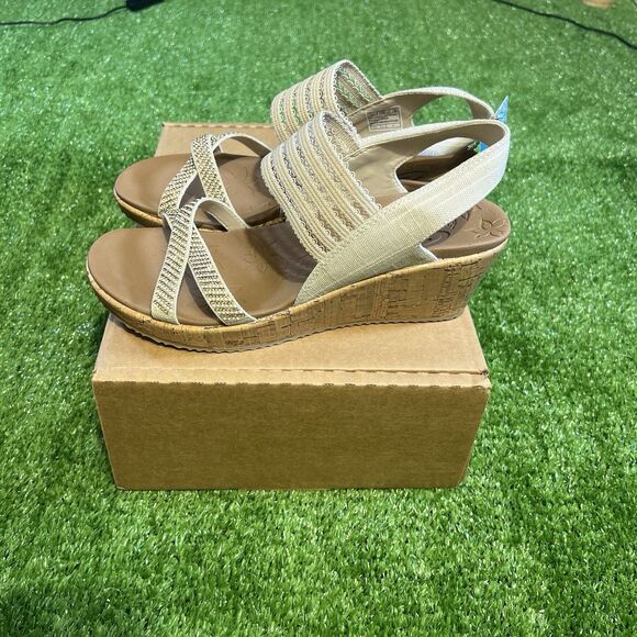 Skechers Beverlee - Fancy Sips Women's Natural Wedge Sandals Size 10 NEW - Picture 1 of 6